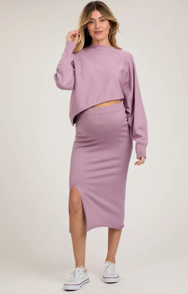 Mauve Knit Crop Top Maternity Midi Skirt Set