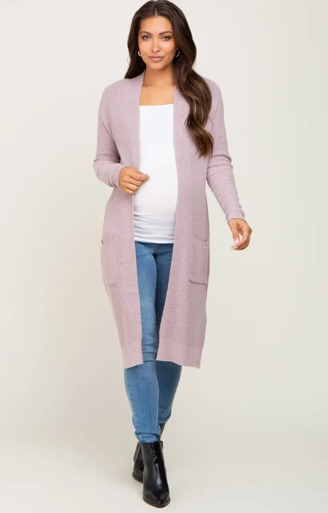 Mauve Open Front Long Maternity Cardigan