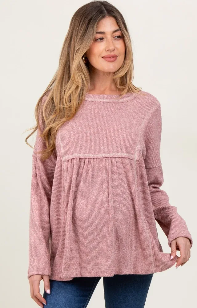 Mauve Ribbed Brushed Knit Oversized Long Sleeve Maternity Top