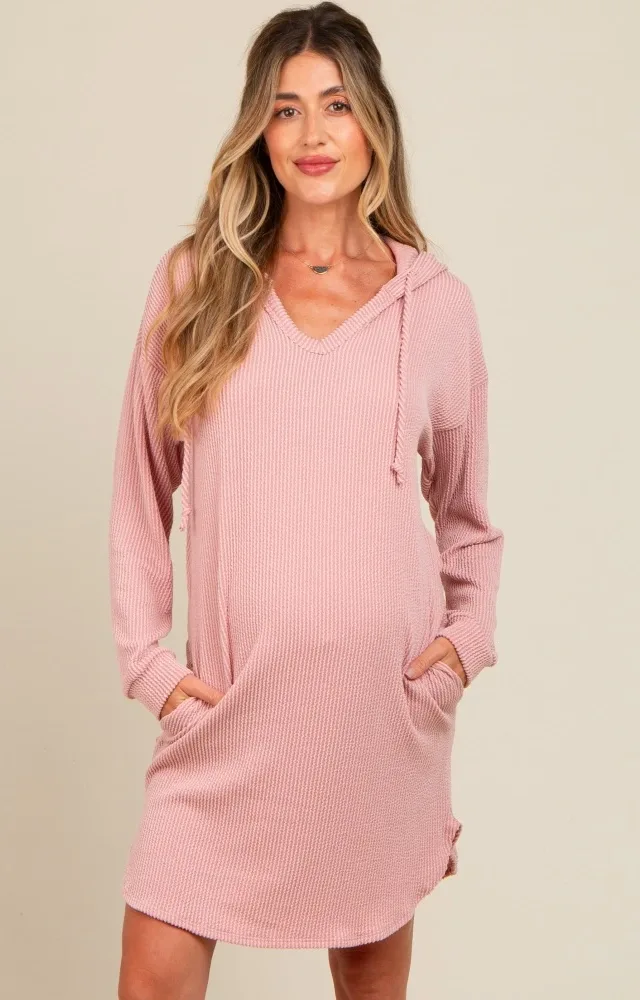 Mauve Ribbed Hoodie Maternity Dress