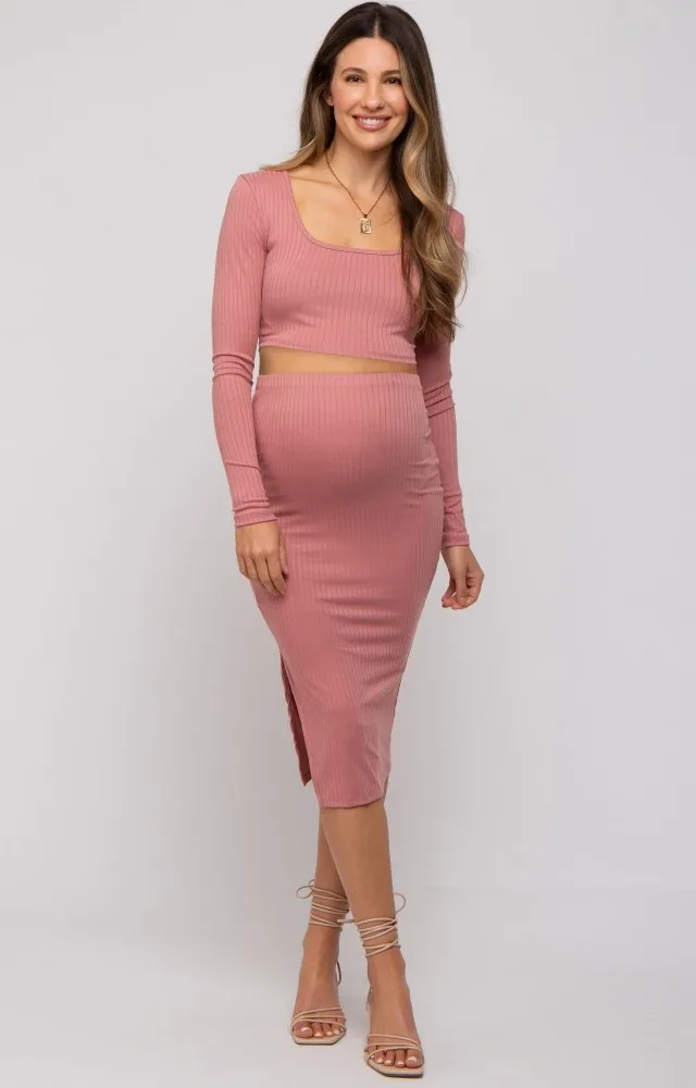 Mauve Ribbed Maternity Crop Top Midi Skirt Set