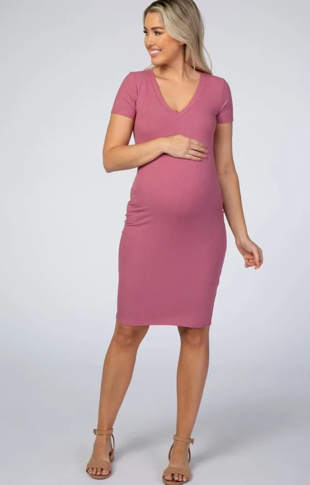 Mauve Ribbed Maternity Dress