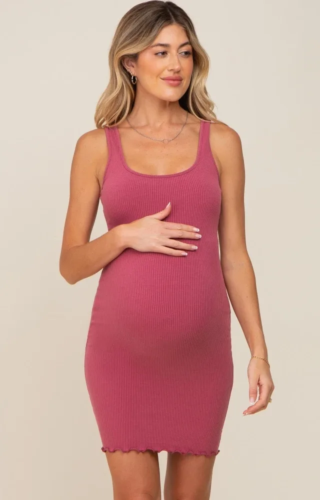 Mauve Ribbed Sleeveless Lettuce Hem Maternity Dress