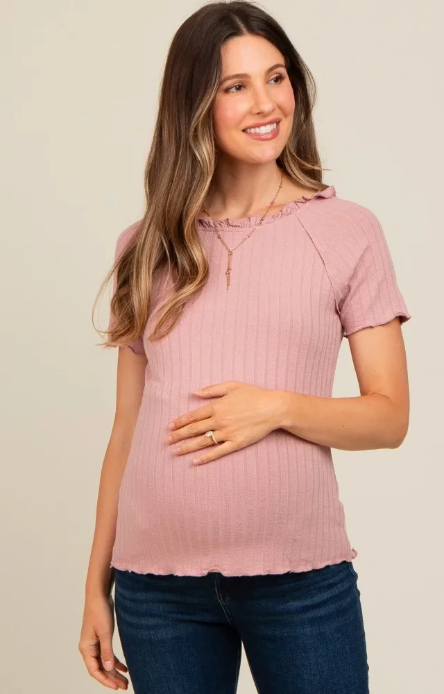 Mauve Ruffle Trim Ribbed Maternity Top