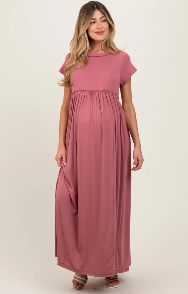 Mauve Short Sleeve Pocketed Maternity Maxi Dress