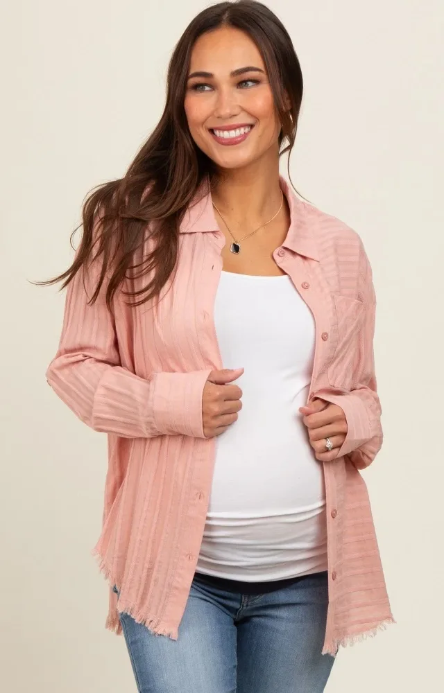 Mauve Striped Fringe Button Down Maternity Shirt