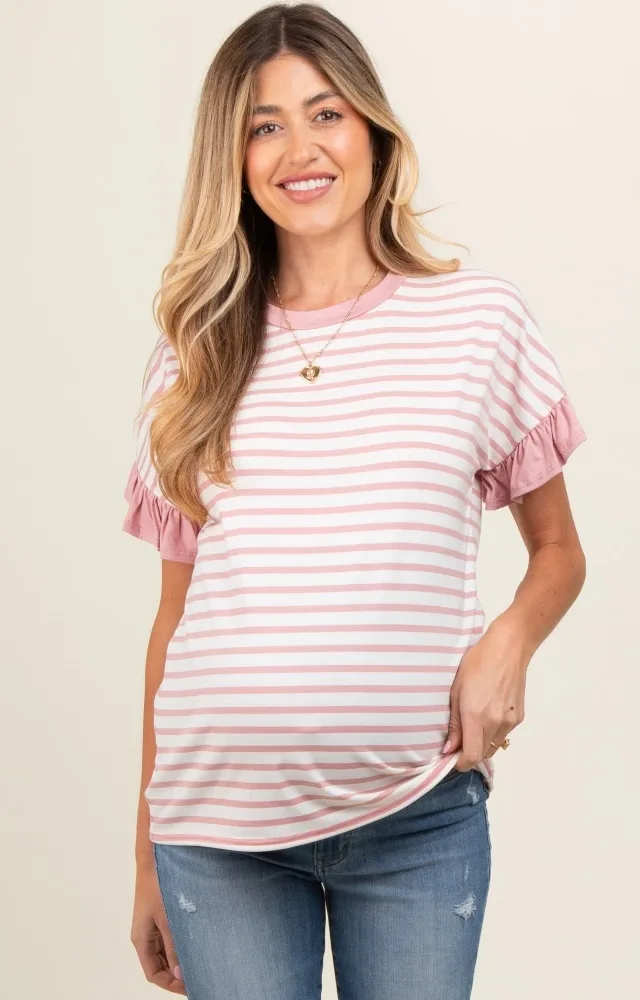 Mauve Striped Ruffle Sleeve Maternity Top