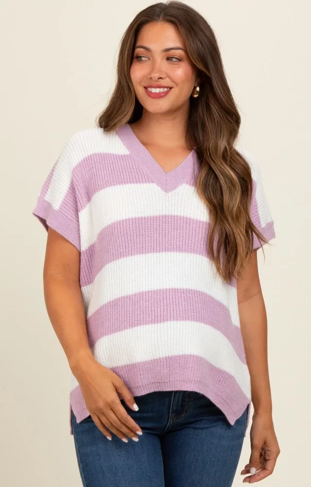 Mauve Striped V-Neck Maternity Sweater Top