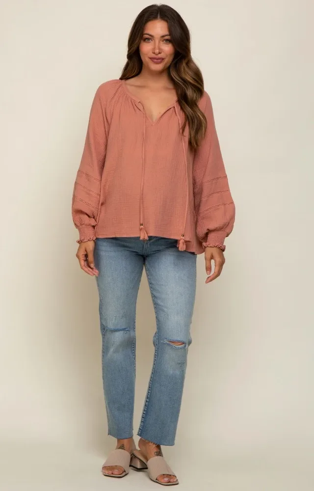 Mauve Tie Front Long Sleeve Maternity Blouse