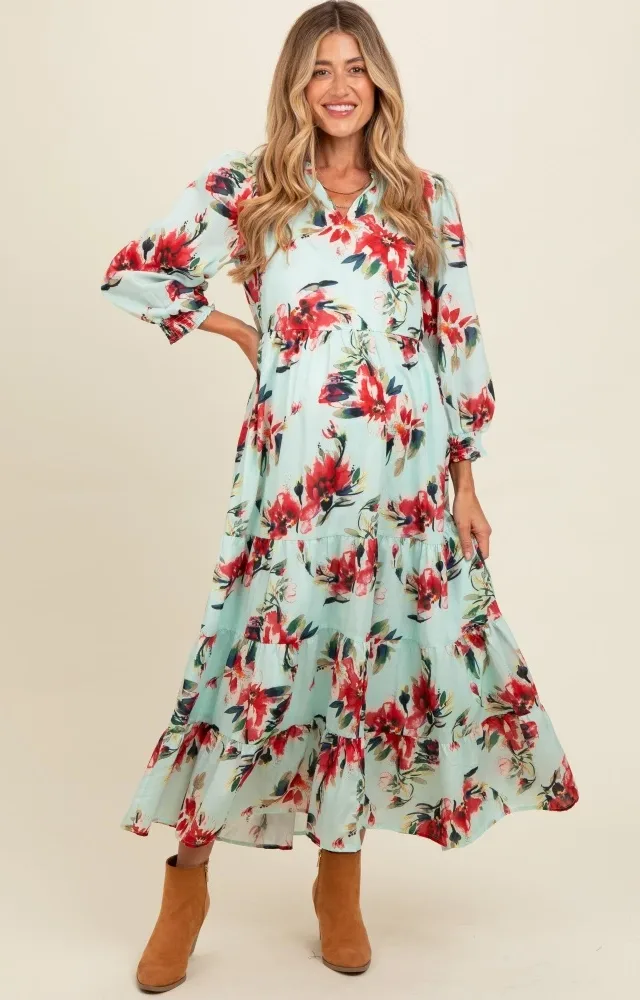 Mint Floral V-Neck Tiered Maternity Midi Dress