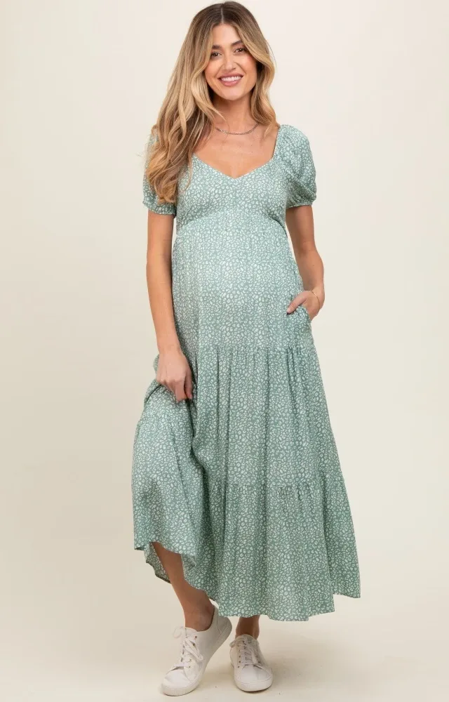 Mint Green Animal Print Tiered Maternity Midi Dress