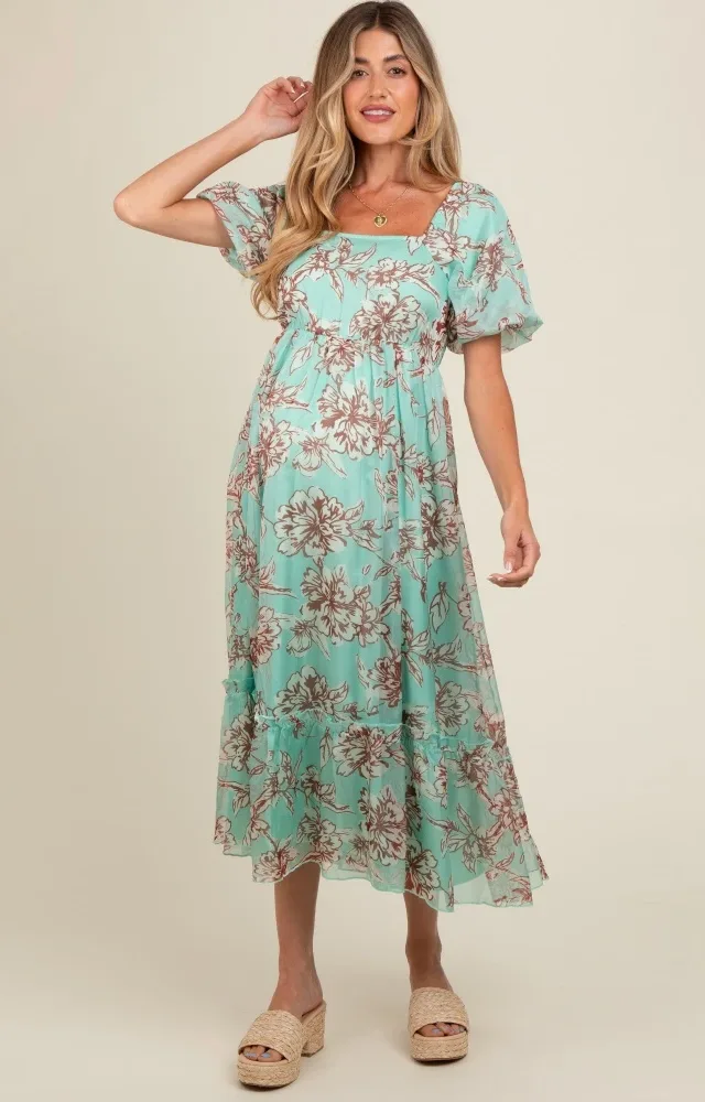 Mint Green Floral Chiffon Ruffle Hem Maternity Midi Dress