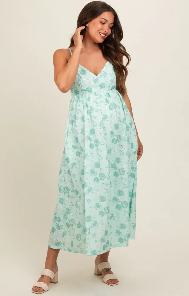 Mint Green Floral Eyelet V-Neck Maternity Midi Dress