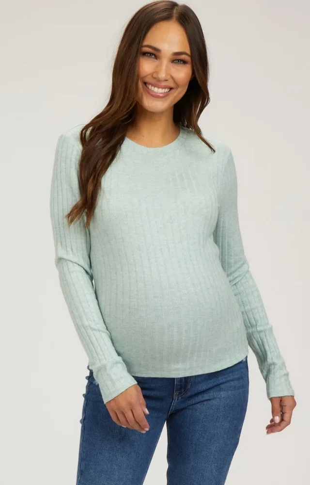 Mint Ribbed Long Sleeve Maternity Top