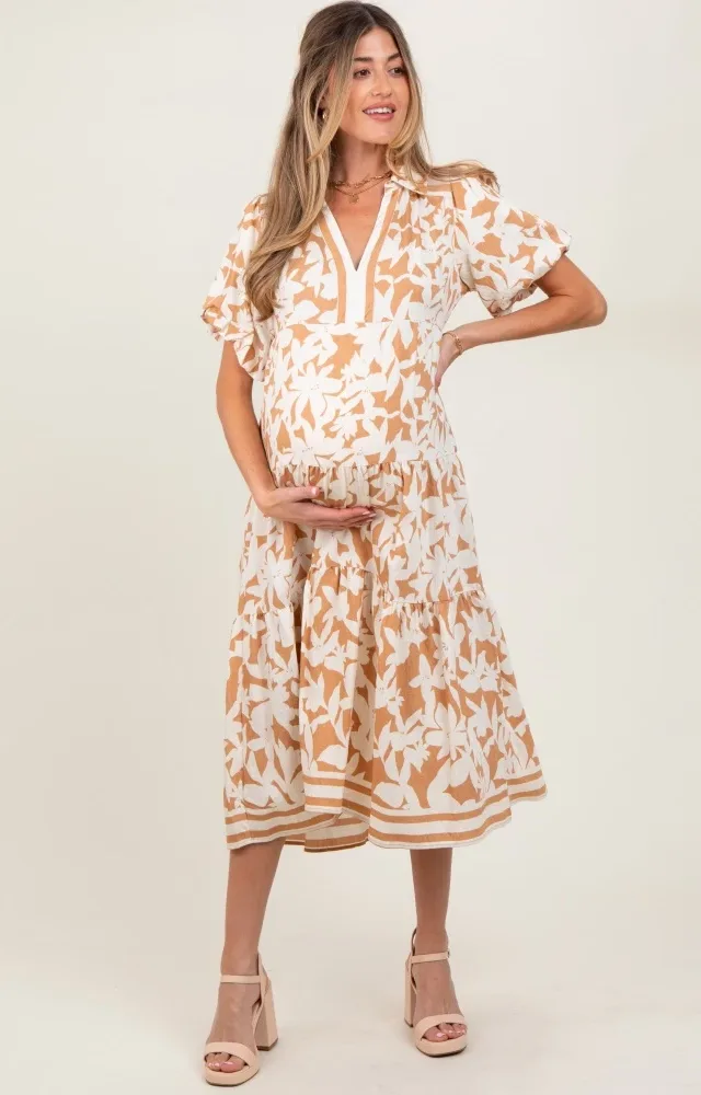 Mocha Botanical Print A Line Tiered Maternity Dress