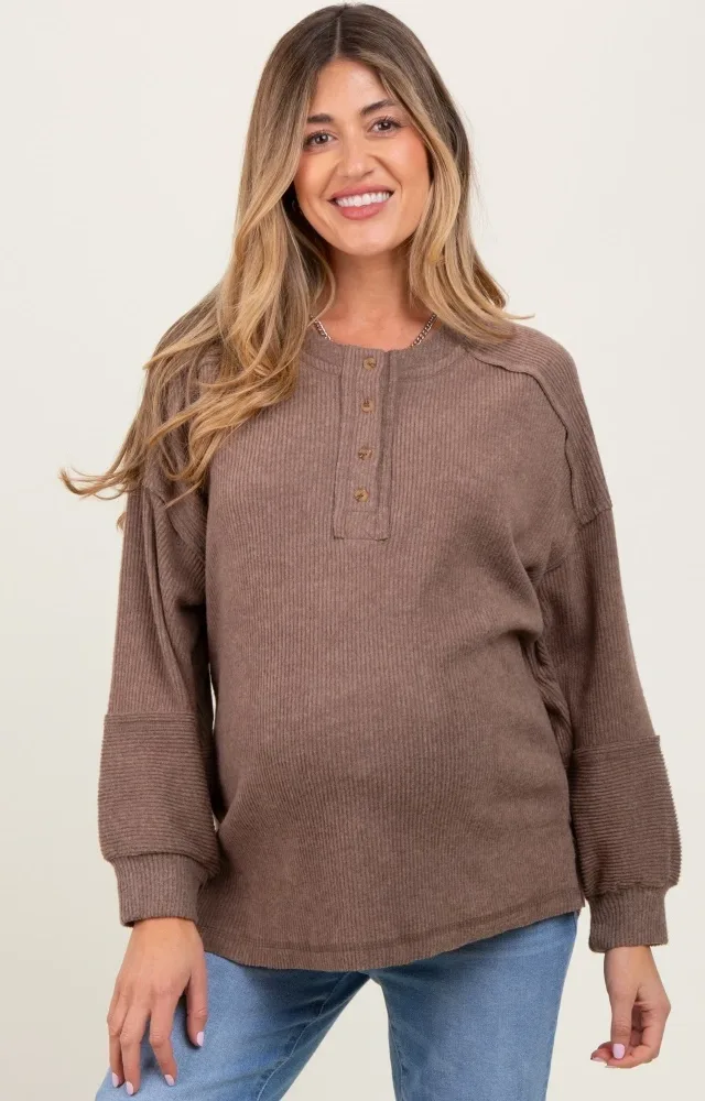 Mocha Oversized Ribbed Knit Henley Maternity Sweater