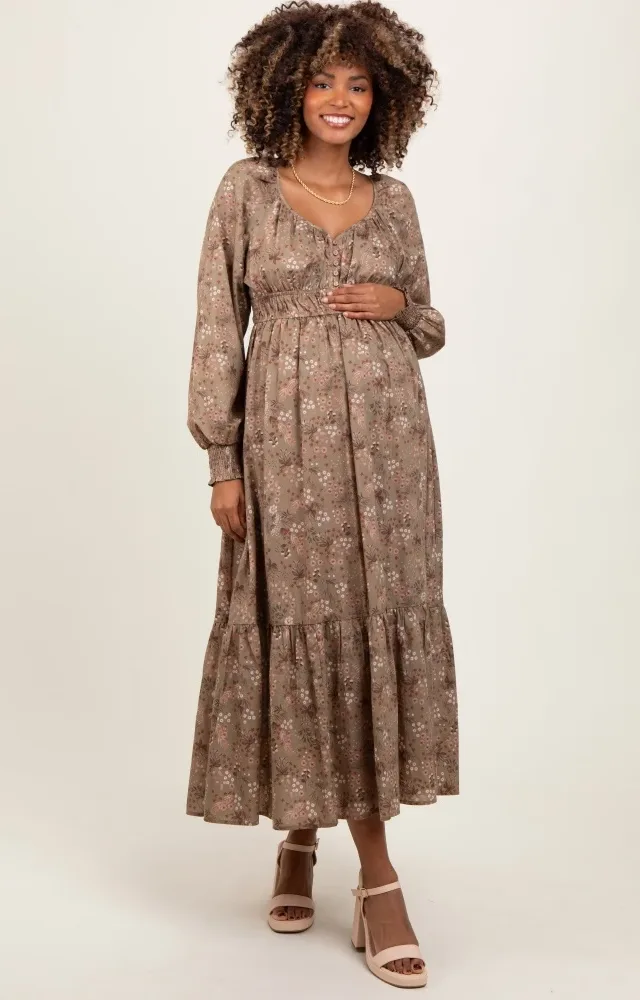 Mocha Raglan Sleeve Floral Button Maternity Maxi Dress