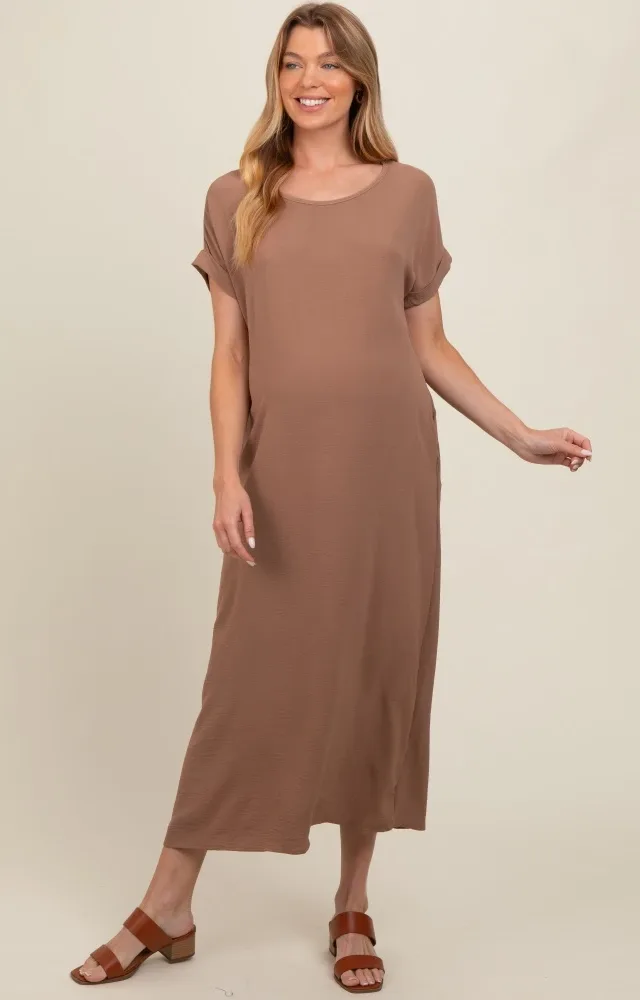 Mocha Rolled Cuff Maternity Midi Dress