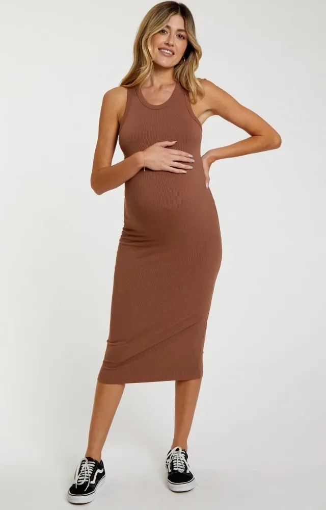 Mocha Sleeveless Ribbed Fitted Maternity Midi Dress