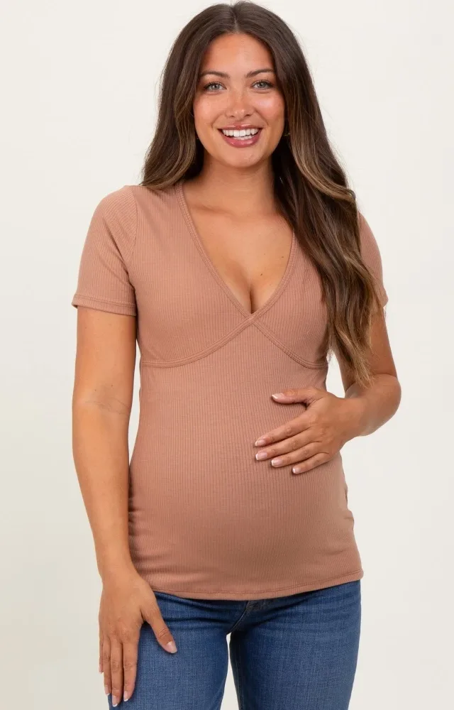 Mocha Solid Ribbed Short Sleeve V-Neck Basic Maternity Top