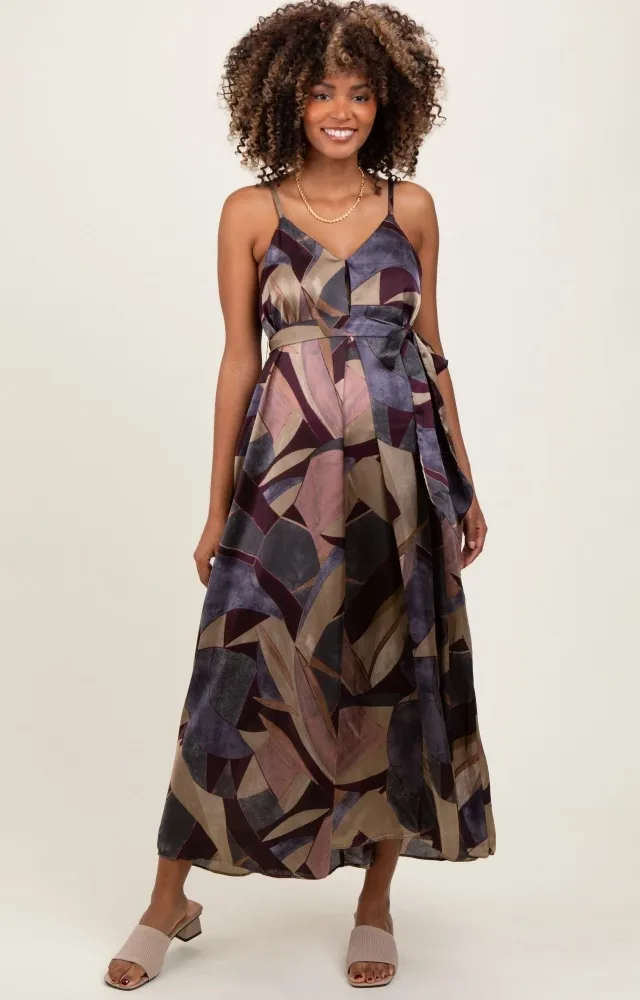 Multicolor Abstract Print Sash Tie Maternity Maxi Dress