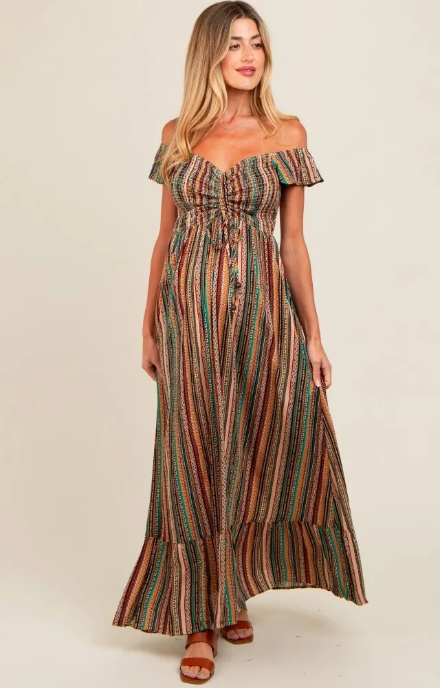 Multicolor Off Shoulder Cinched Maternity Maxi Dress