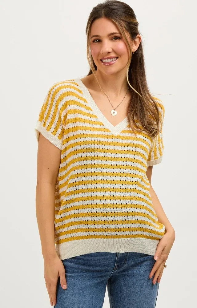 Mustard Striped Knit V-Neck Short Sleeve Maternity Top