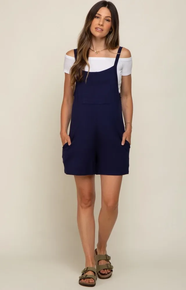 Navy Blue Front Pocket Overall Knit Maternity Romper