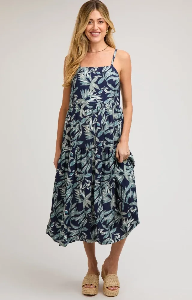 Navy Blue Leaf Print Square Neck Tiered Maternity Midi Dress