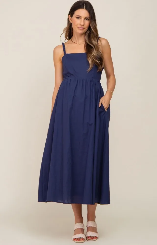 Navy Blue Linen Square Neck Lace-Up Back Maternity Midi Dress