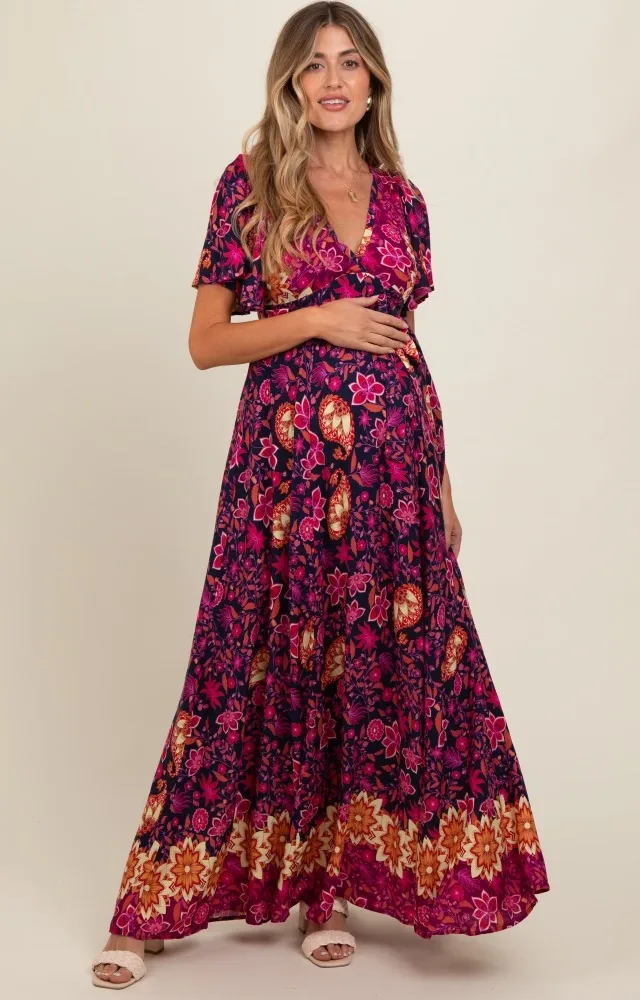 Navy Blue Mixed Floral Maternity Maxi Dress