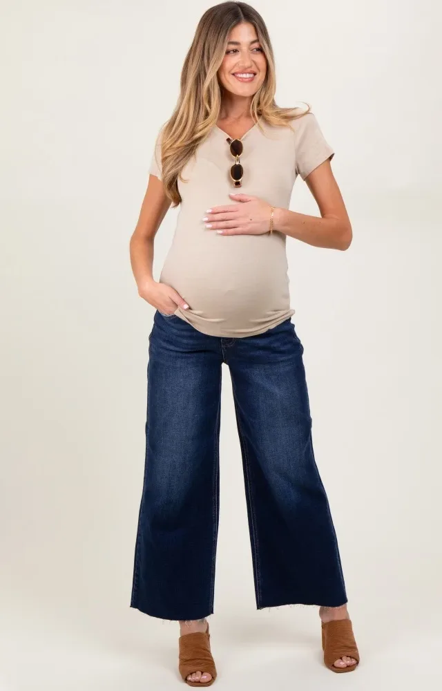 Navy Blue Raw Hem Wide Leg Maternity Jeans