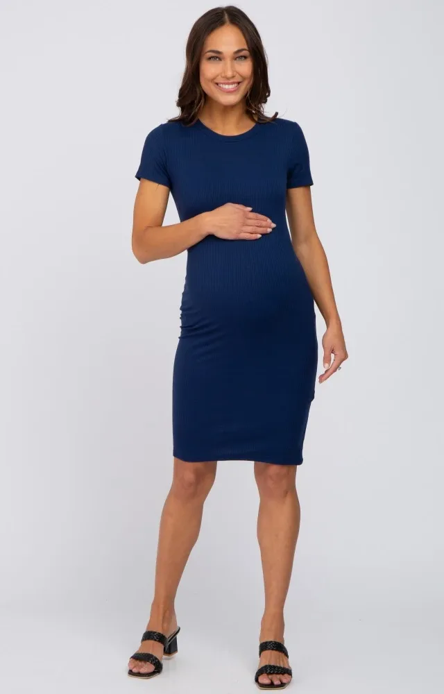 Navy Blue Ribbed Fitted Maternity Dress