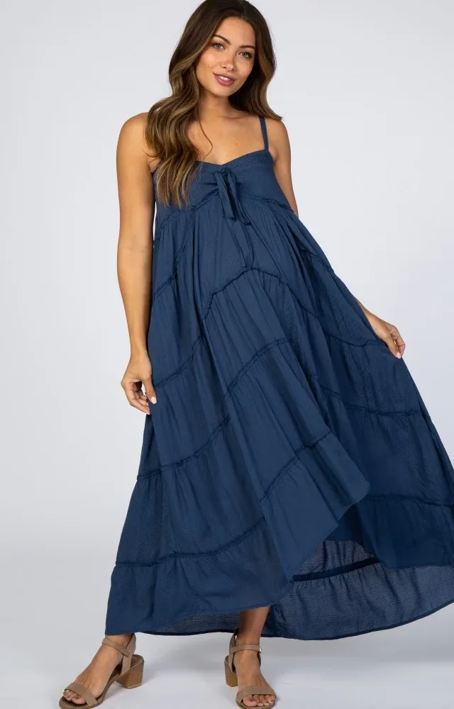 Navy Blue Ruffle Tier Hi-Low Maternity Dress