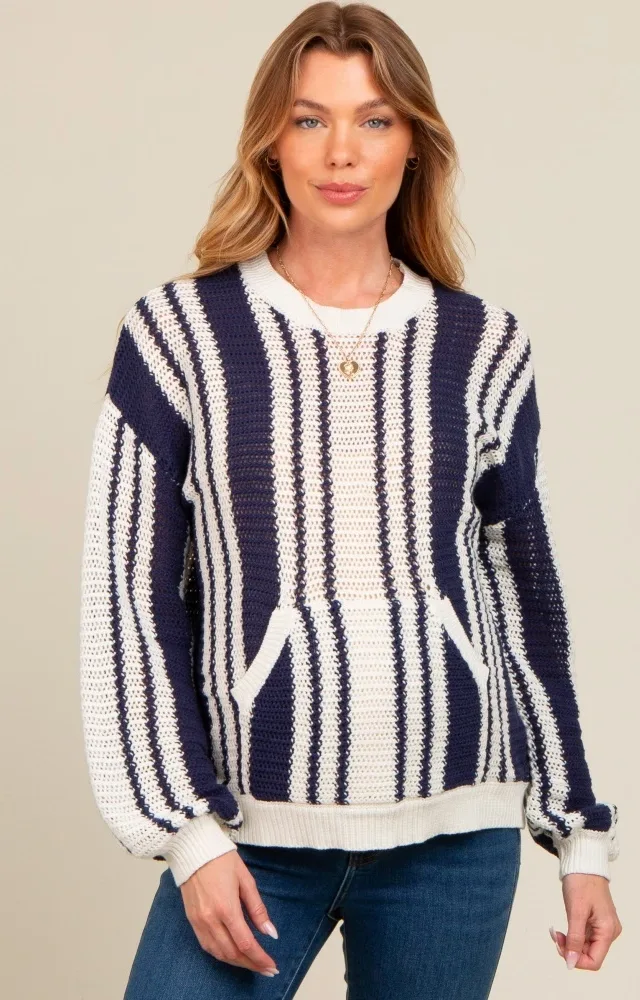 Navy Blue Striped Front Pocket Maternity Sweater