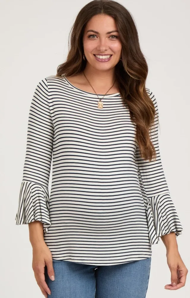 Navy Blue Striped Maternity 3/4 Sleeve Top