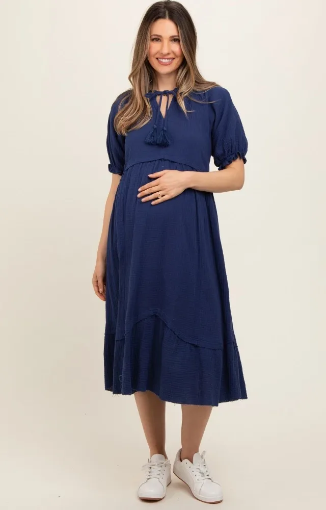 Navy Blue Tassel Tie Maternity Midi Dress