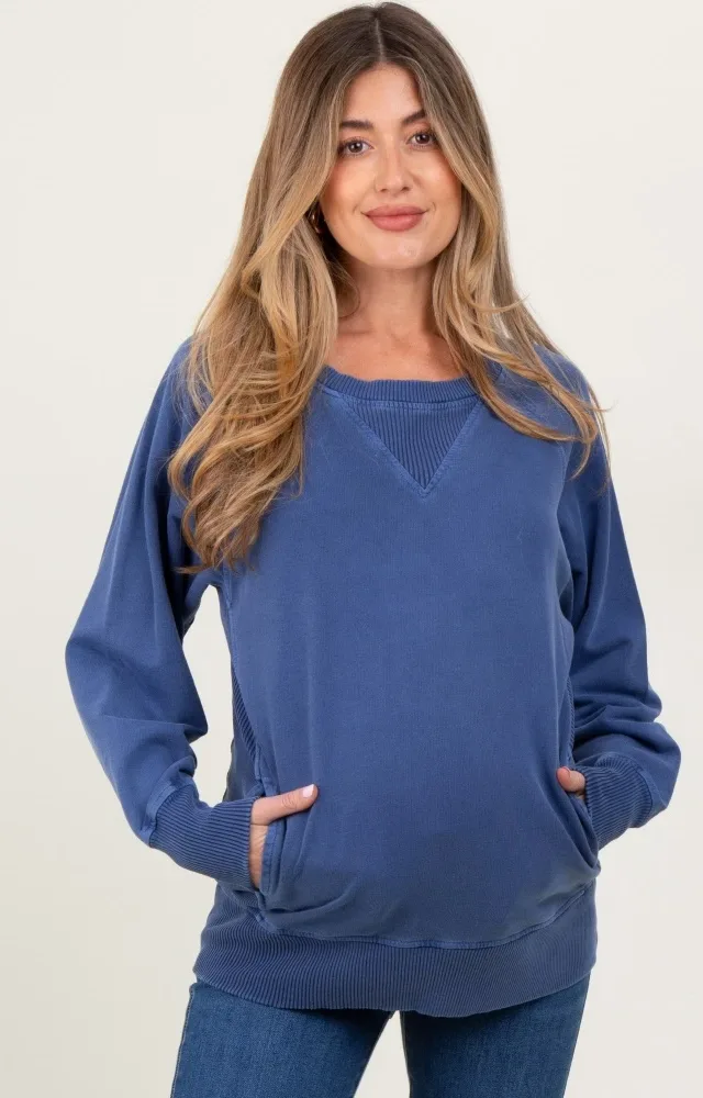 Navy Blue Vintage Wash French Terry Maternity Pullover