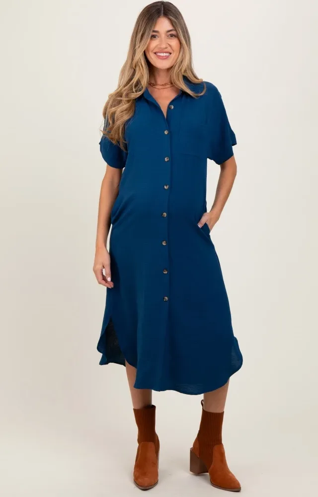 Navy Button Down Front Pocket Maternity Midi Dress