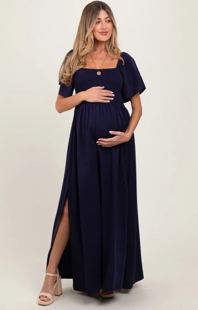 Navy Chambray Smocked Maternity Maxi Dress