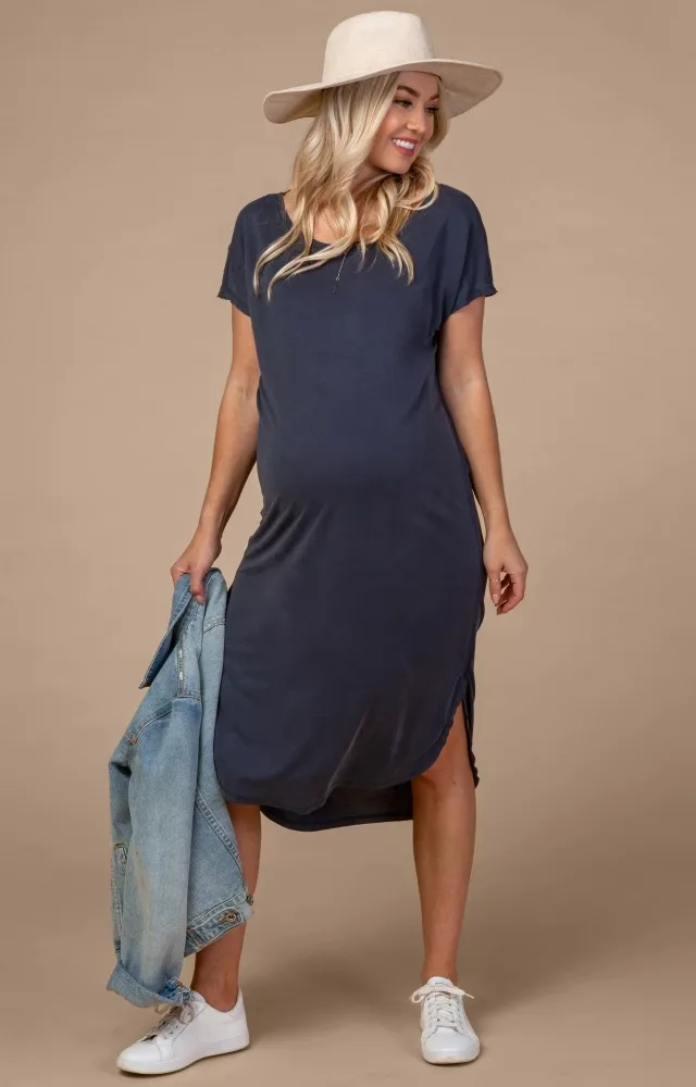 Navy Faded Curved Hem Maternity Midi Dress