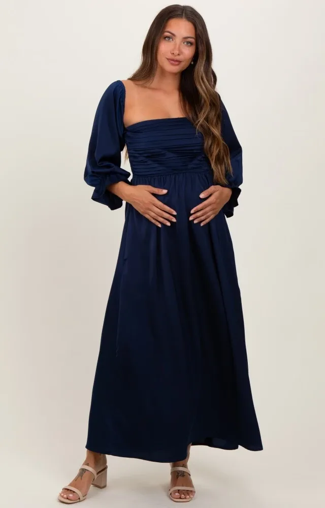 Navy Off Shoulder Satin Pleated Bodice Maternity Maxi Dress