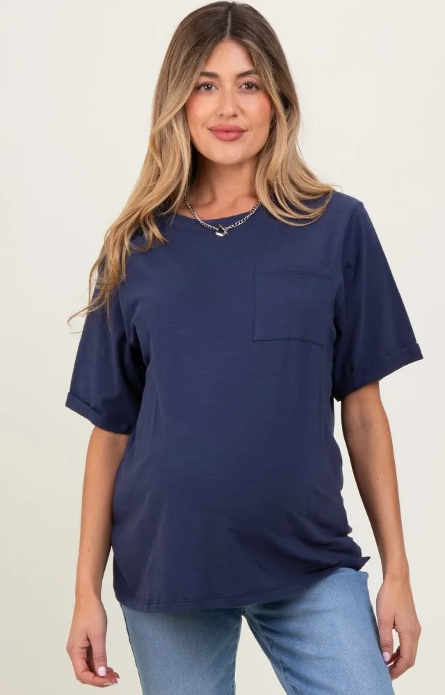 Navy Pocket Front Short Sleeve Maternity Top