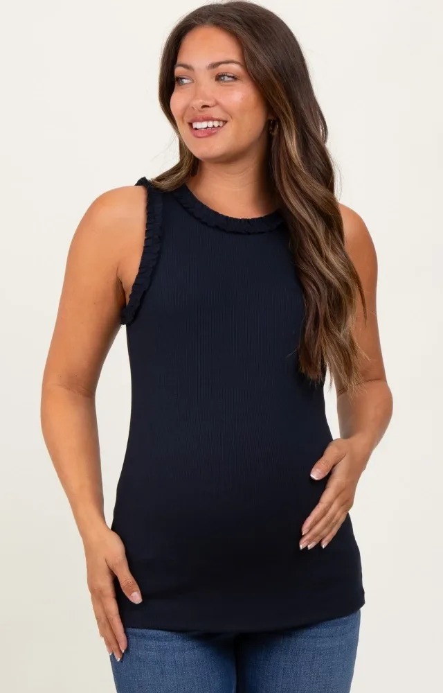 Navy Rib Knit Ruffle Trim Sleeveless Maternity Top