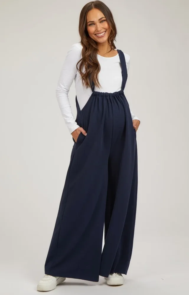 Navy Ribbed Drawstring Wide Leg Maternity Jumpsuit