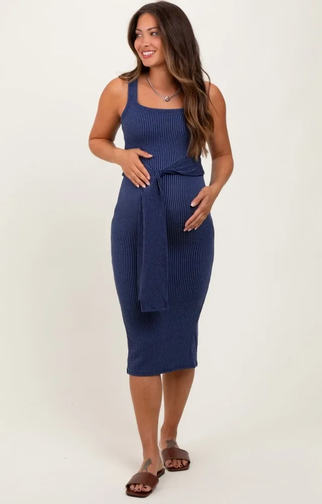 Navy Ribbed Front Tie Sleeveless Maternity Midi Dress