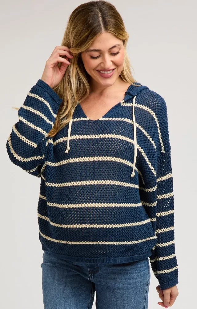 Navy Striped Open Knit Hooded Maternity Top