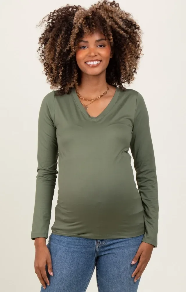 Olive Brushed Knit V-Neck Long Sleeve Maternity Top