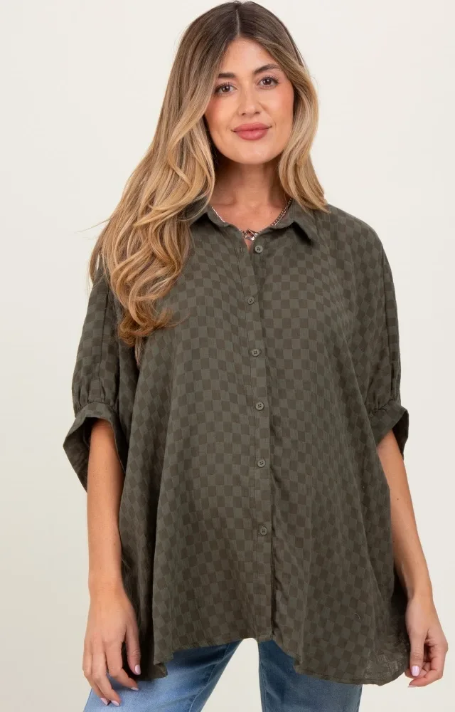 Olive Checker Print Short Sleeve Oversized Maternity Blouse