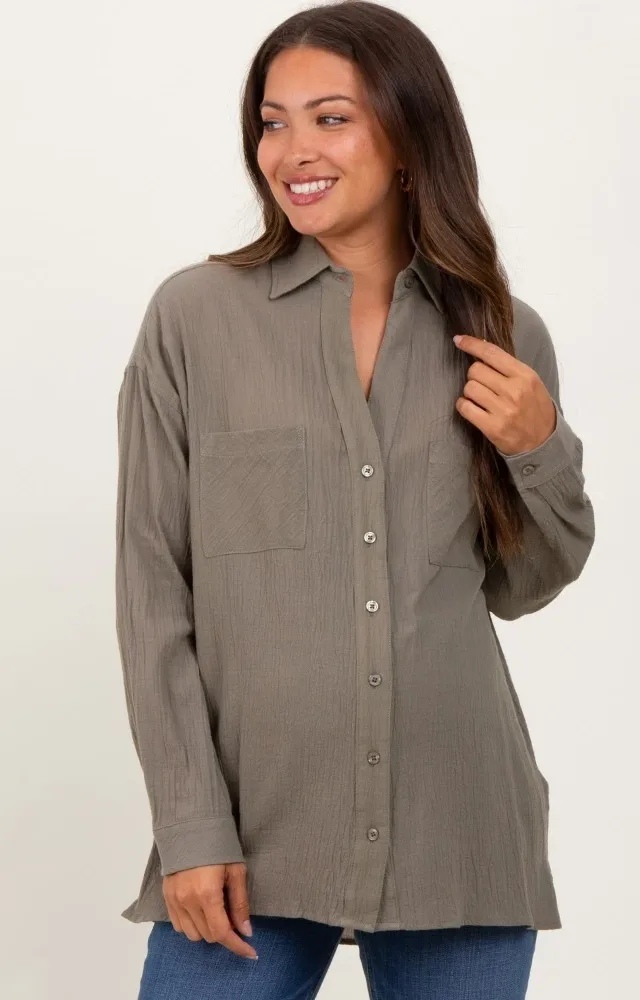 Olive Cotton Gauze Oversized Maternity Button Down Shirt